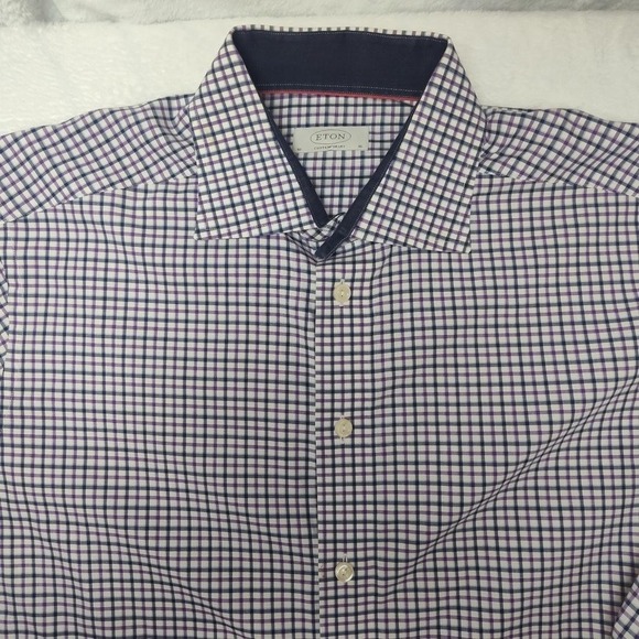 Eton Shirt Mens 16 41 Purple Blue Check Contemporary Dress Long Sleeve Cotton - Picture 3 of 12